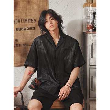 高級感褶皺古巴領短袖襯衫男夏季日系復古山本耀司寬松半袖襯衣服