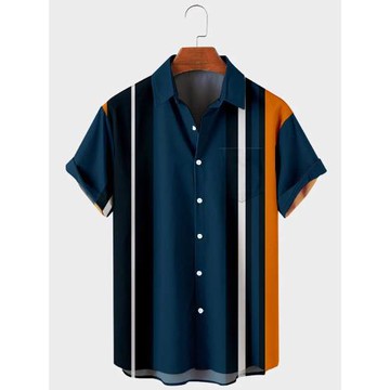 3D striped lapel short-sleeved shirt  休閑3D條紋翻領短袖襯衣