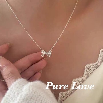 Pure Love樂芙 / 正韓 銀飾【S925純銀】N01121簡約通體純銀蕾絲鏤空蝴蝶結鎖骨鏈 短項鏈 / 銀