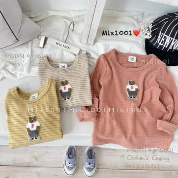 🌈✨mix1001 酷酷毛線小熊條紋上衣✨兒童彩條保暖小熊貼布上衣 5-17