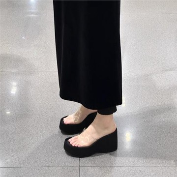 2025新款真皮坡跟透明一字拖鞋女增高小個子厚底半拖鞋高跟涼拖32
