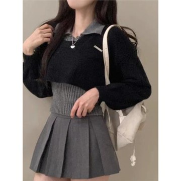 韓國chic秋冬減齡復古短款毛衣女設計感Polo領針織衫兩件套上衣