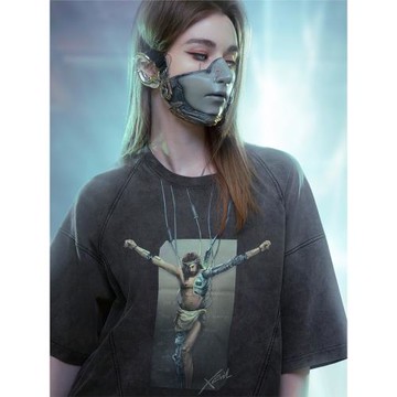 不作惡「智械重生- J型」賽博朋克寬松水洗漸變拔染印花短袖T恤