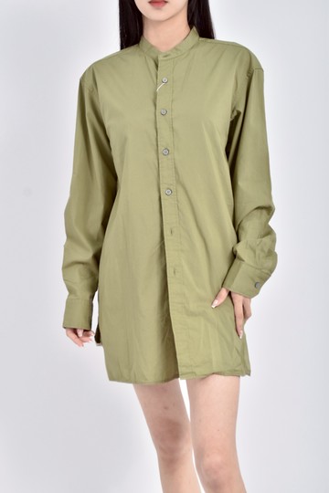 (M) uniqlo棉質素面無領長袖綠色襯衫上衣