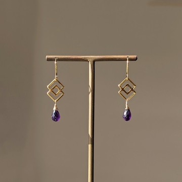 菱形連結墜飾與寶石級紫水晶耳環 (醫療級不鏽鋼・14K包金)