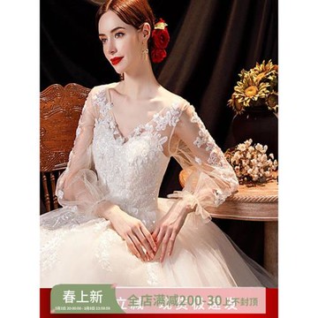 天使嫁衣 仙女范兒深V領長袖公主新娘冬季冬天婚紗禮服17889批發
