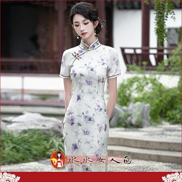 新款民國風復古素雅提花旗袍氣質優雅短袖改良年輕款修身顯瘦日常可穿連身裙開衩洋裝-梵生(紫色)-水水女人國
