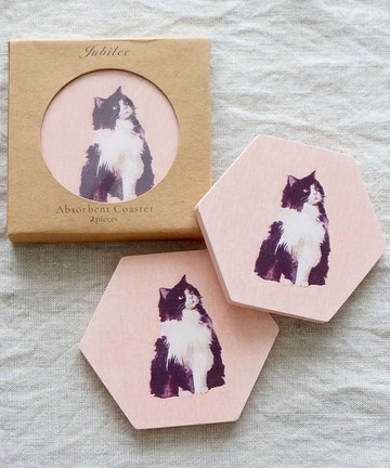 Jubilee 矽藻土杯墊 2片1組 貓咪 粉色 六邊形款