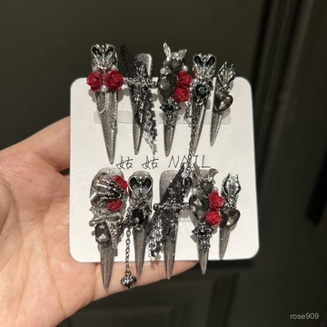 💯迴頭客都在買💯魔女 金屬重工哥特辣妹手工穿戴美甲闇黑純手工蝴蝶黑玫瑰可拆卸美甲師姑姑 Y7ZX