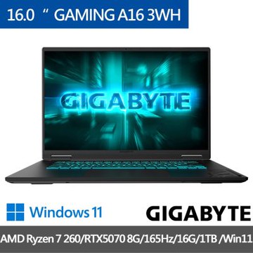 GIGABYTE技嘉 GAMING A16 3WHK3TW894SH 16吋電競筆電(AMD Ryzen 7 260/RTX5070 8G/165Hz/16G/1TB SSD)