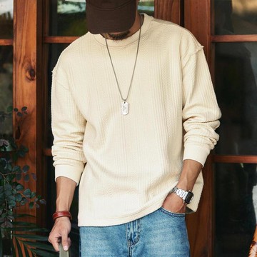 430g麻花肌理針織空氣層長袖大學T男2025秋季新款素色提花上衣外套