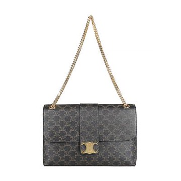 CELINE 金屬LOGO印花帆布Victoire系列肩背/斜背鍊帶包(大/黃褐)