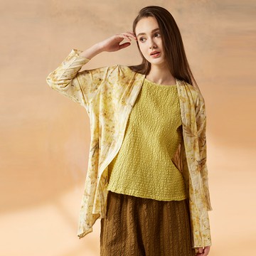 free.草木移印染垂墜開襟長袖外套