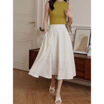 a字白色半身裙女2024新款春夏垂感高腰傘裙中長款顯瘦松緊腰裙子