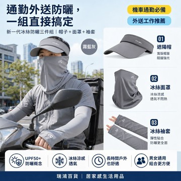 現貨【霧藍灰冰絲防曬三件組】防曬帽 面罩 袖套 UPF50+ 騎車 通勤 男女通用 冰絲涼感 騎車外送 瑞鴻百貨
