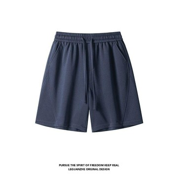藏青色潮牌斜切休閒短褲男款夏季外穿運動五分衛褲寬鬆大碼中褲子男生涼感短裤 運動短褲 大尺碼短褲 工作短褲 鬆緊短褲 速乾