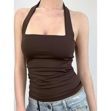 ROCKMORE【英倫街頭】復古棕色簡約風掛脖露背吊帶純色修身背心夏