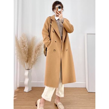 駝色雙面羊絨大衣女2025秋冬新款直筒小個子xs碼呢子系帶毛呢外套