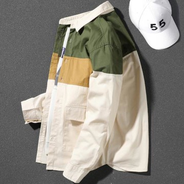 撞色襯衫男春秋季上衣純棉寬松開衫工裝休閑外套拼接日系薄款潮流