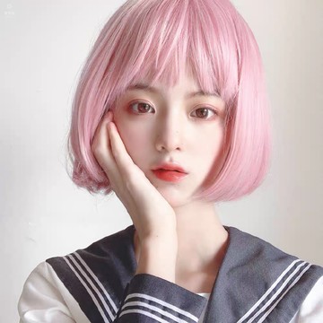 假發女短發日常粉色cos網紅酷帥氣修圓臉Lolita自然少女全頭套式
