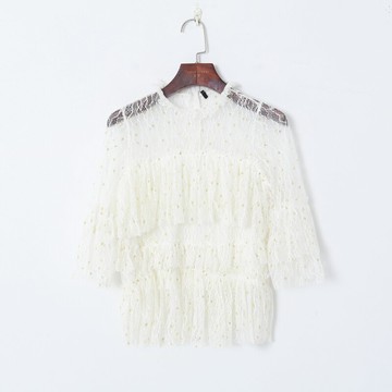 春季女裝韓版圓領套頭甜美金絲波點疊層荷葉邊鉤花鏤空蕾絲衫