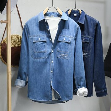 春秋男士牛仔純棉長袖襯衫翻領純色工裝襯衣日系青年潮牌休閑寸衫