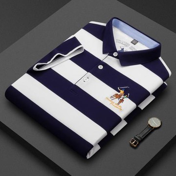 夏季新款短袖男裝純棉品牌藍白條紋t恤中年帶領刺繡韓版體恤2025