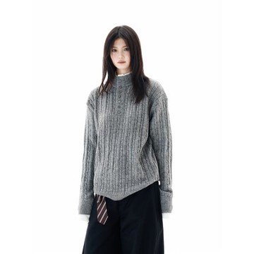 OEOT美式假兩件設計麻花亨利領毛衣男女慵懶高級感寬松套頭針織衫