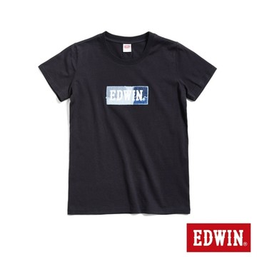 EDWIN 女裝 再生系列 CORE拼布 BOX LOGO短袖T恤-黑色