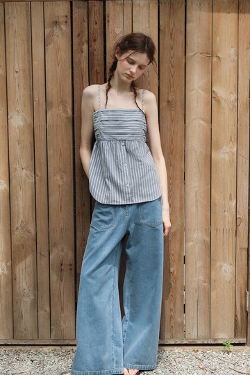 哥復古 / 立體褶拼接上衣 / 牛仔條紋