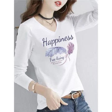 t恤女長袖V領純棉2025春秋新款修身顯瘦體恤衫韓版上衣外穿打底衫