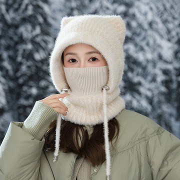 【梨花HaNA】買一送一贈圍脖 貓耳護臉脖口罩毛絨連帽 二合一保暖神器｜軟糯親膚防風顯臉小