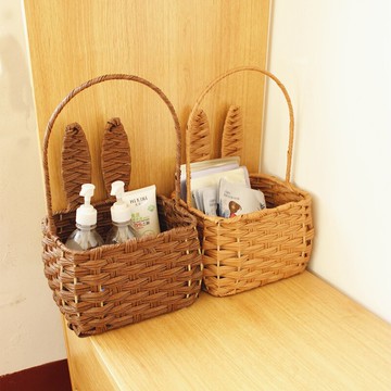 野餐藍 手提籃 水果籃 小兔子雜物收納籃手工編織桌面創意草編收納盒野餐手提籃仿藤編『XY36482』