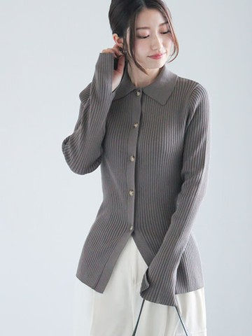 合身羅紋半排釦翻領針織衫(0F000498910) - Te chichi