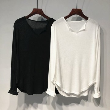 純色v領上衣女新款寬鬆垂墜感慵懶遮屁中長袖t卹打底衫女
