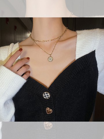 塔蘭H字母雙層疊戴項鏈輕奢小眾時尚鎖骨鏈韓國氣質網紅毛衣鏈女