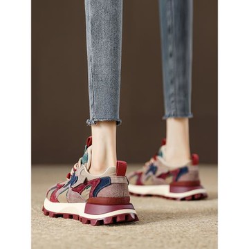 復古紅色阿甘鞋女冬季加絨運動鞋2025新款小蠻腰女鞋厚底老爹鞋女