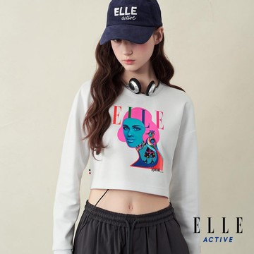 ELLE ACTIVE-80週年藝術家聯名系列 個性藝術印花短版長袖上衣-白