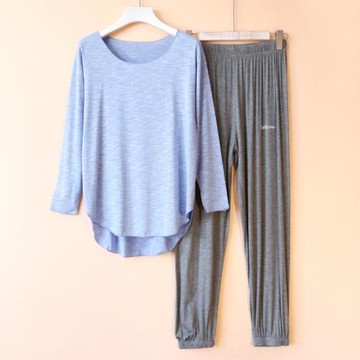 女士春秋圓領竹節棉竹纖維長袖薄款睡衣莫代爾束腳套裝家居服外穿