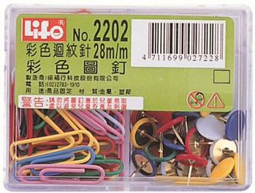 LIFE 金徠福 豪華型 彩色迴紋針60支入+彩色圖釘35支入  NO.2202