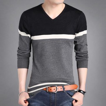 秋季薄款青年男裝長袖修身v領男士T恤潮上衣打底條紋體恤針織衫薄