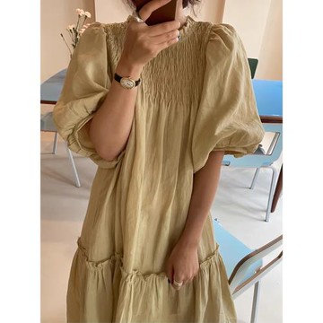 韓國chic夏季復古慵懶風立領褶皺設計后背系扣寬松泡泡袖連衣裙女
