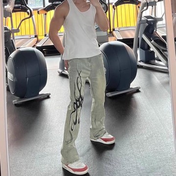 美式高街水洗做舊復古微喇叭牛仔褲男款火焰殘影印花顯瘦拖地褲子