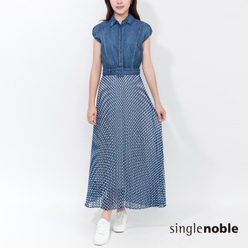獨身貴族 日系異素材拼接牛仔點點裙洋裝(1色)