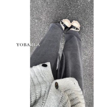 深灰色紋理感休閑褲女冬季加絨胖mm大碼顯瘦梨形身材垂感直筒褲子