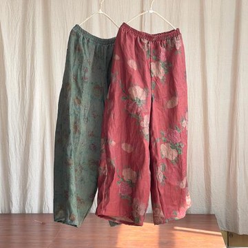 文藝復古印花亞麻女式吊檔直筒褲 夏薄款舒適透氣寬松闊腿長褲女