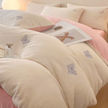 加厚牛奶絨繡花四件套冬天保暖珊瑚法蘭絨被套床單三件套床上用品