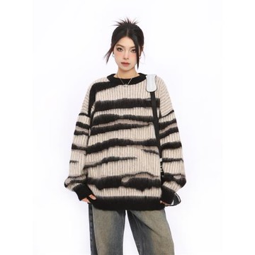 BIGGOLD美式復古馬海毛條紋毛衣女秋冬oversize慵懶風情侶針織衫