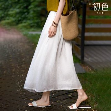 初色 休閒質感輕薄長款純色花邊A字裙中長裙半身裙-白色-13907(M-XL可選)