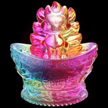 【吉祥開運坊】【增人緣 貴人 桃花 彩色琉璃九尾狐仙 含粉水晶 元寶聚寶盆】開光 淨化 擇日